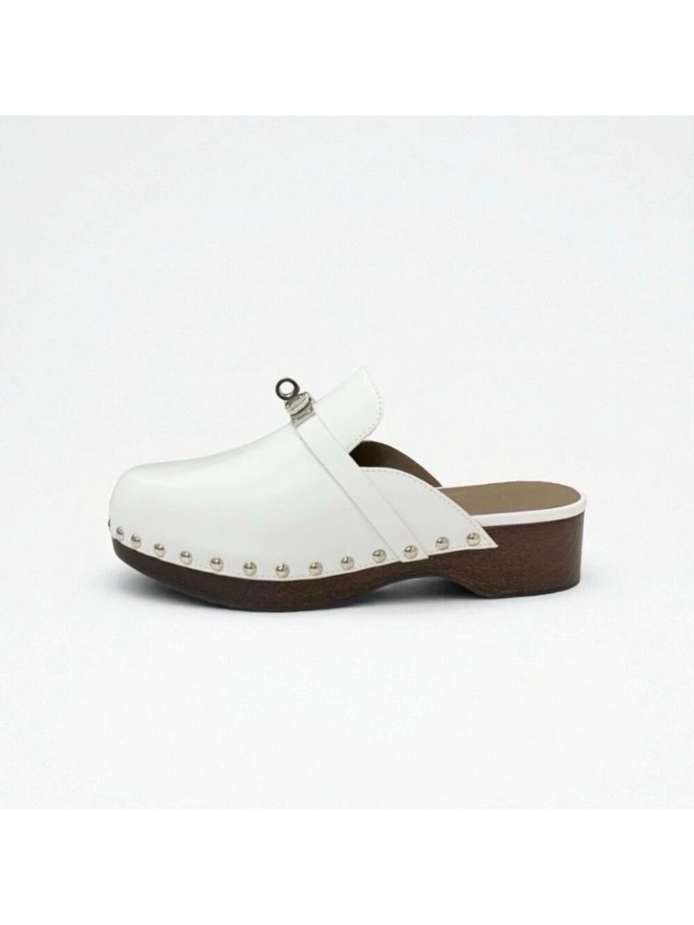 Hermes Carlotta Sandals Shoes Leather White Silver Kelly Hardware Sabo Mule - Picture 4 of 11